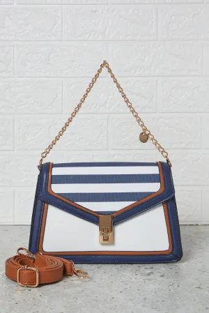 Women Blue And  White Stripe Flap Messenger Hand Bag