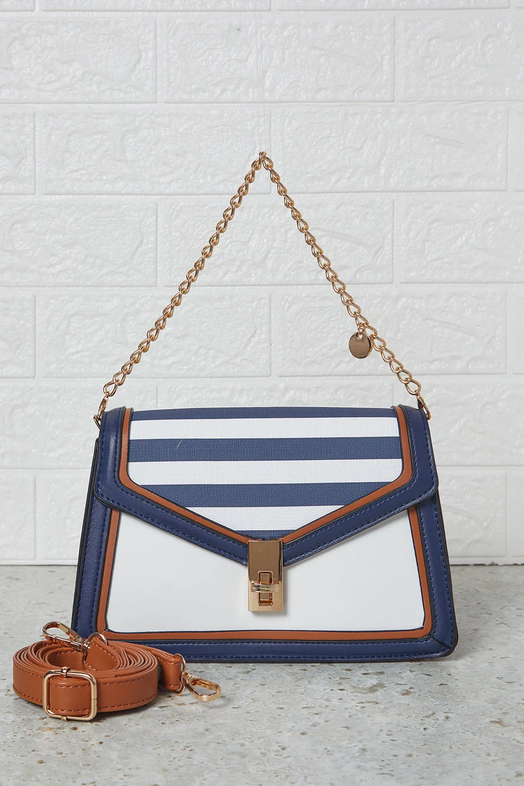 Women Blue And  White Stripe Flap Messenger Hand Bag