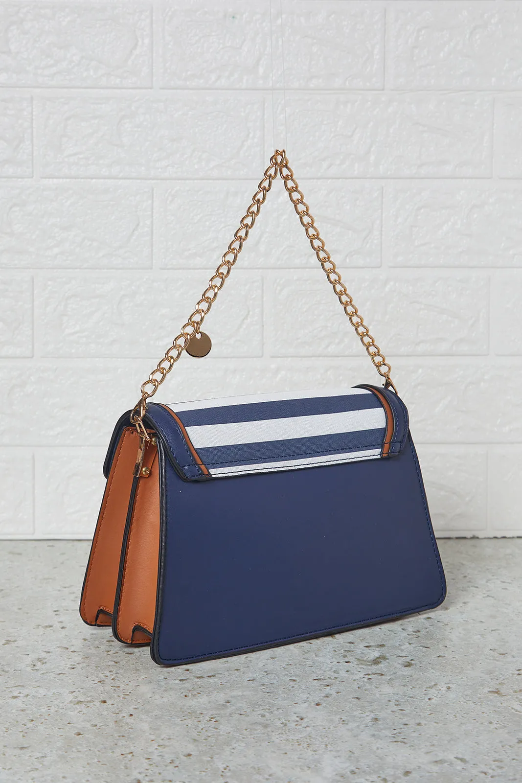 Women Blue And  White Stripe Flap Messenger Hand Bag