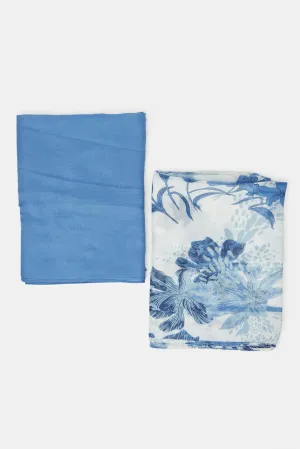 Women Blue Solid And Printed Scarf Set (Pack of 2)