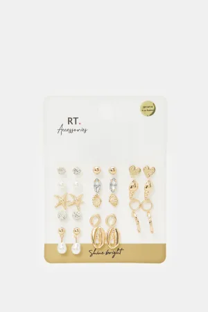 Women Gold Embellished Earrings Set (14 Pairs)