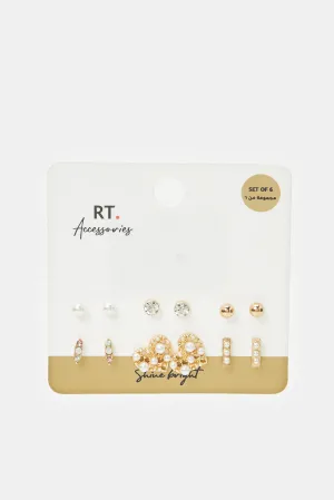 Women Gold Embellished Studs Set (6 Pairs)