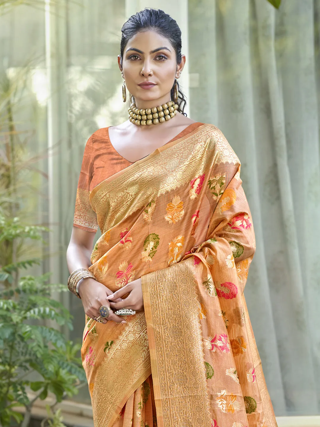 Women Orange Organza Saree With Un Stitched Blouse