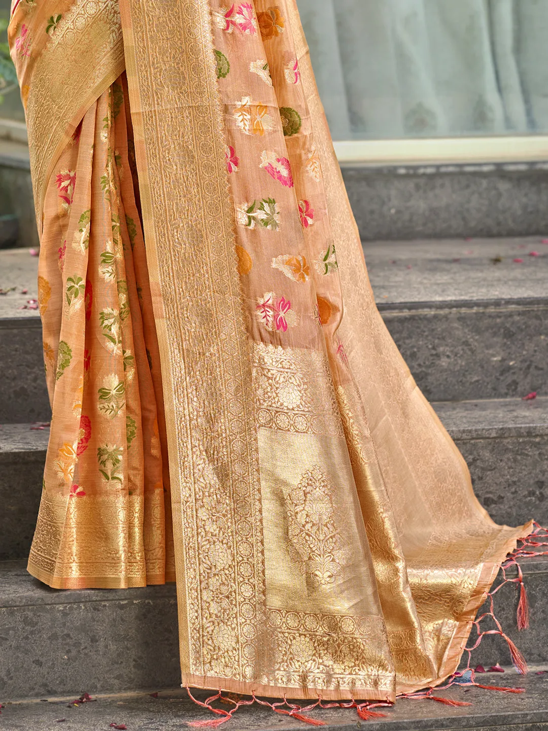 Women Orange Organza Saree With Un Stitched Blouse