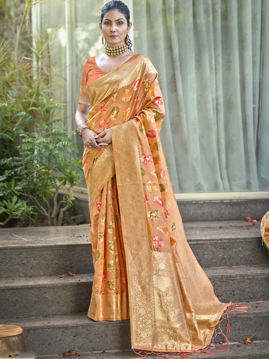 Women Orange Organza Saree With Un Stitched Blouse