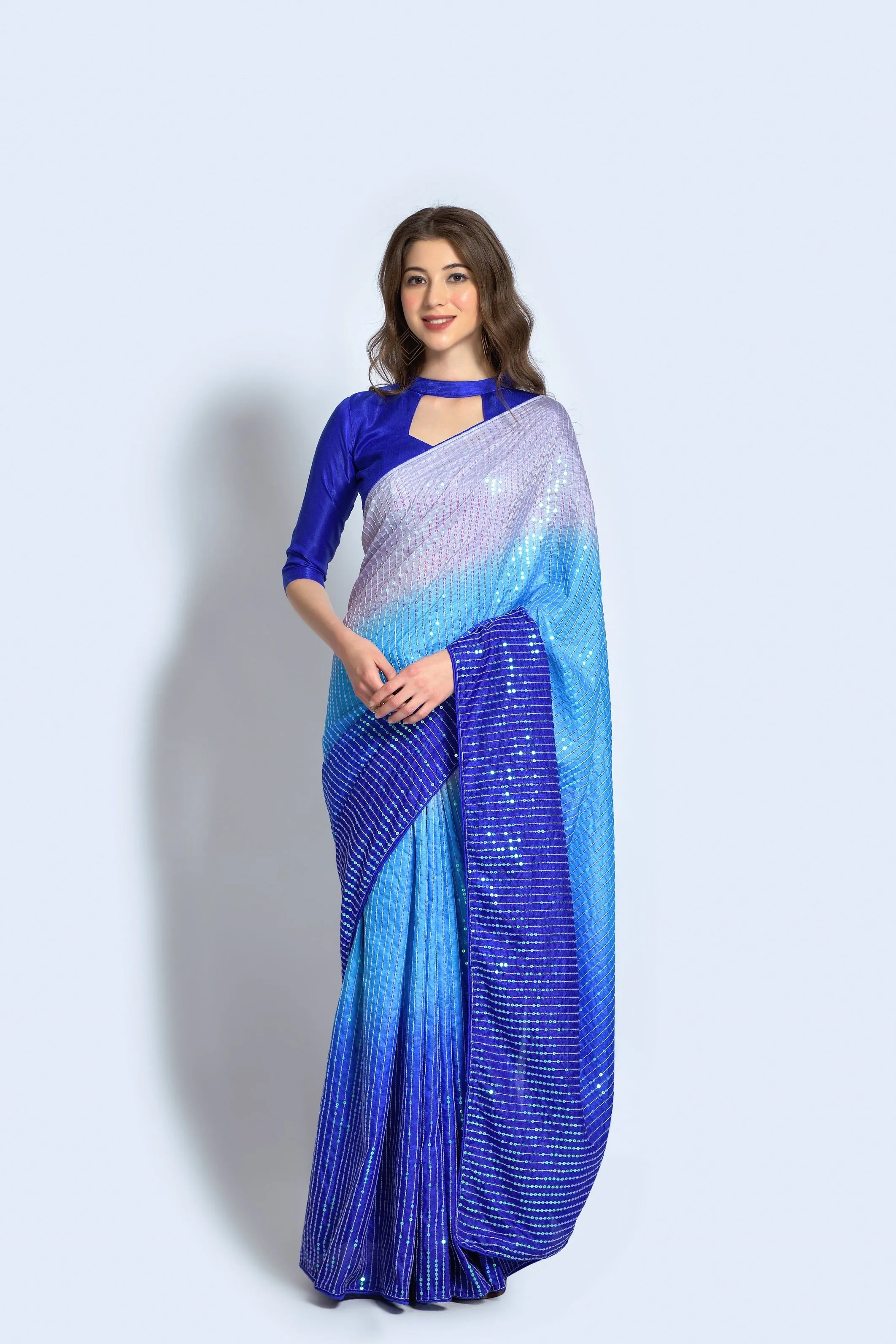 Women Party Wear Designer Blue & Grey Colour Vichitra Silk Fabric Sequence Embroidery Worked Saree Collection