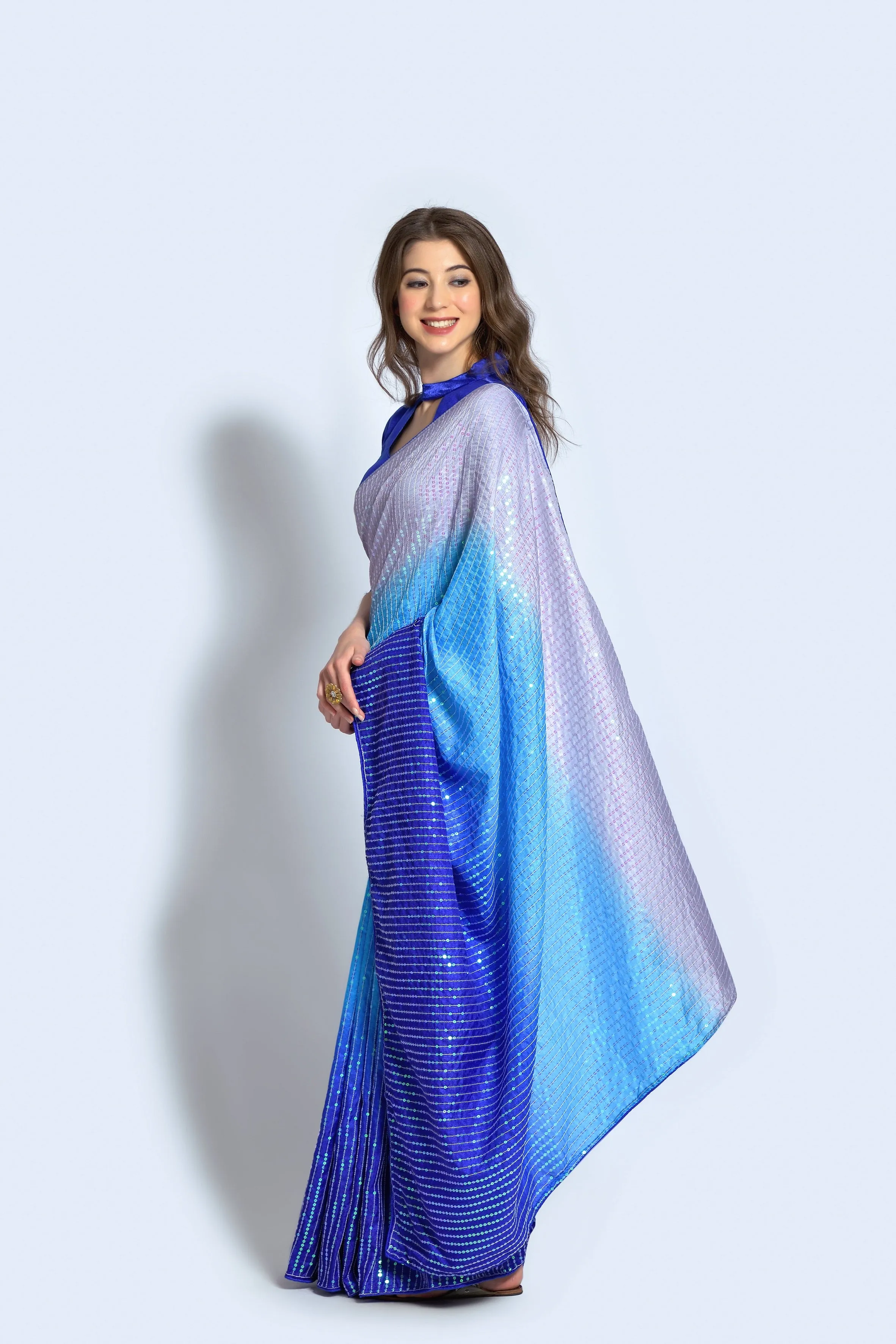 Women Party Wear Designer Blue & Grey Colour Vichitra Silk Fabric Sequence Embroidery Worked Saree Collection