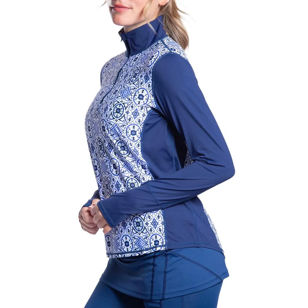 Womens Relaxed Mock Zip Tennis Top Moroccan Tiles