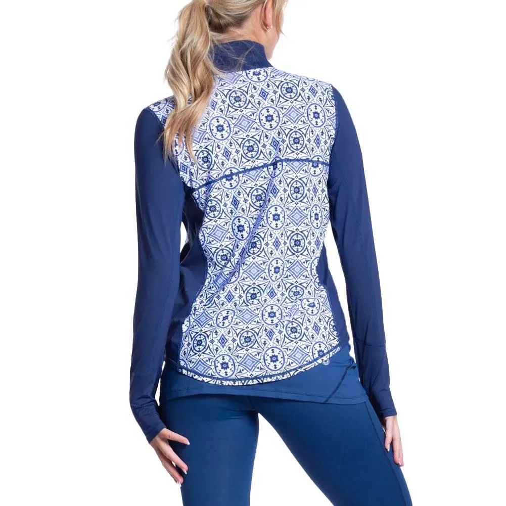 Womens Relaxed Mock Zip Tennis Top Moroccan Tiles