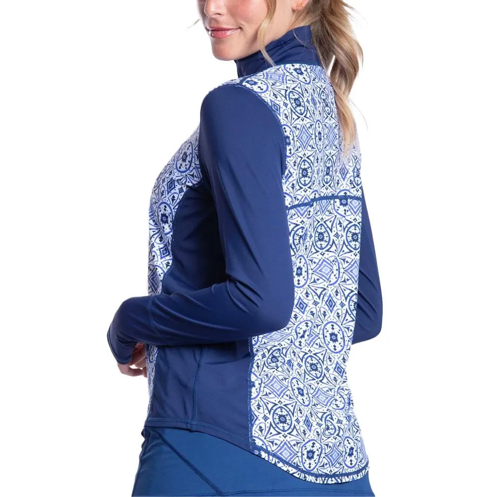 Womens Relaxed Mock Zip Tennis Top Moroccan Tiles