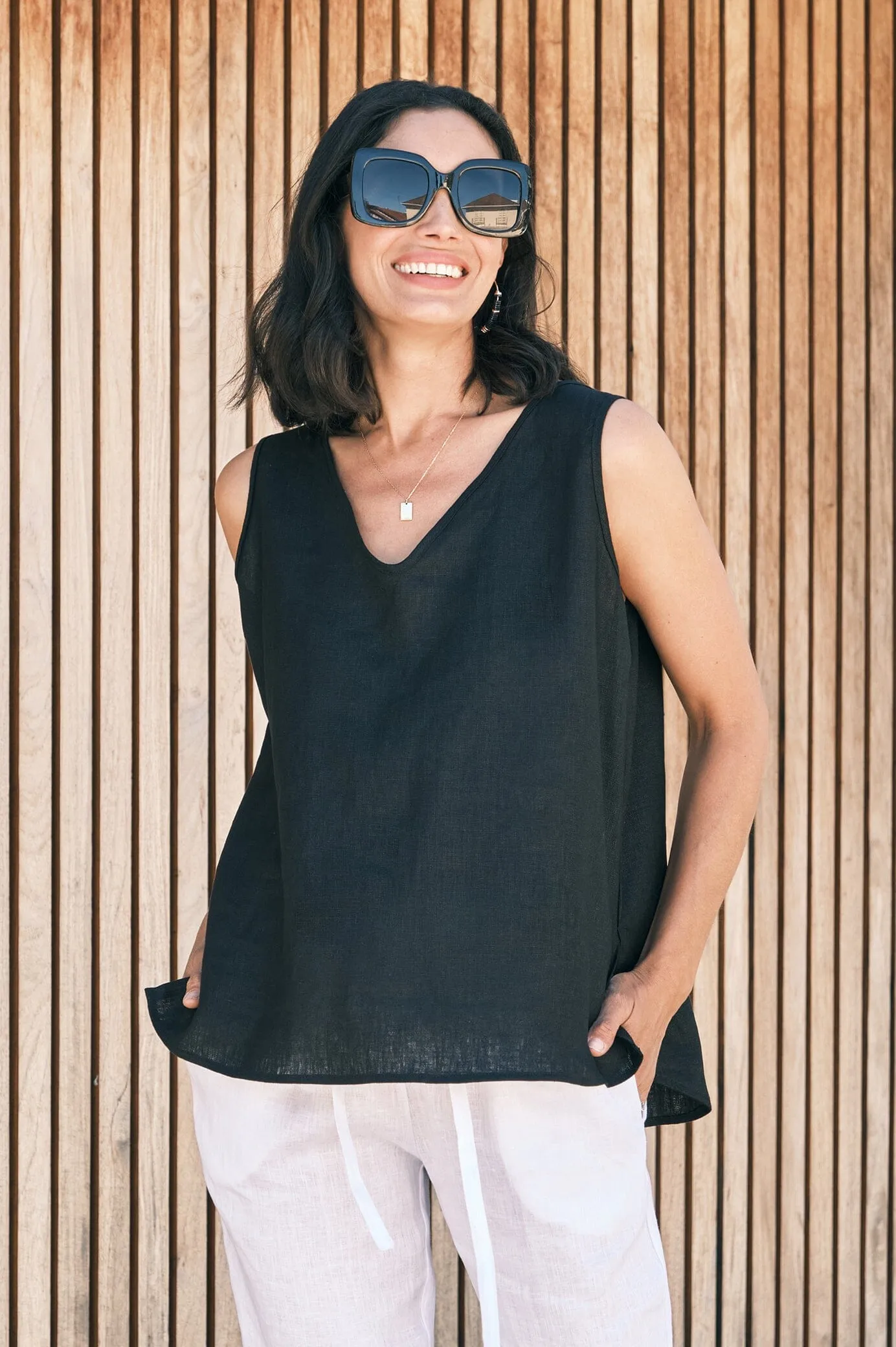 Zoe Linen Sleeveless Top Black