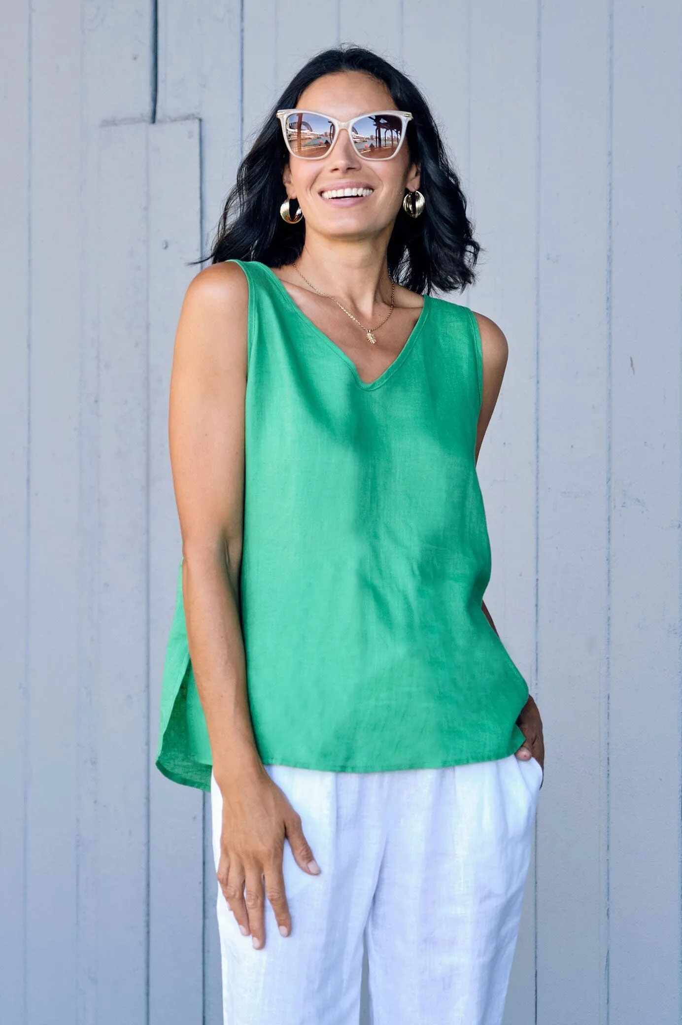 Zoe Linen Sleeveless Top Emerald